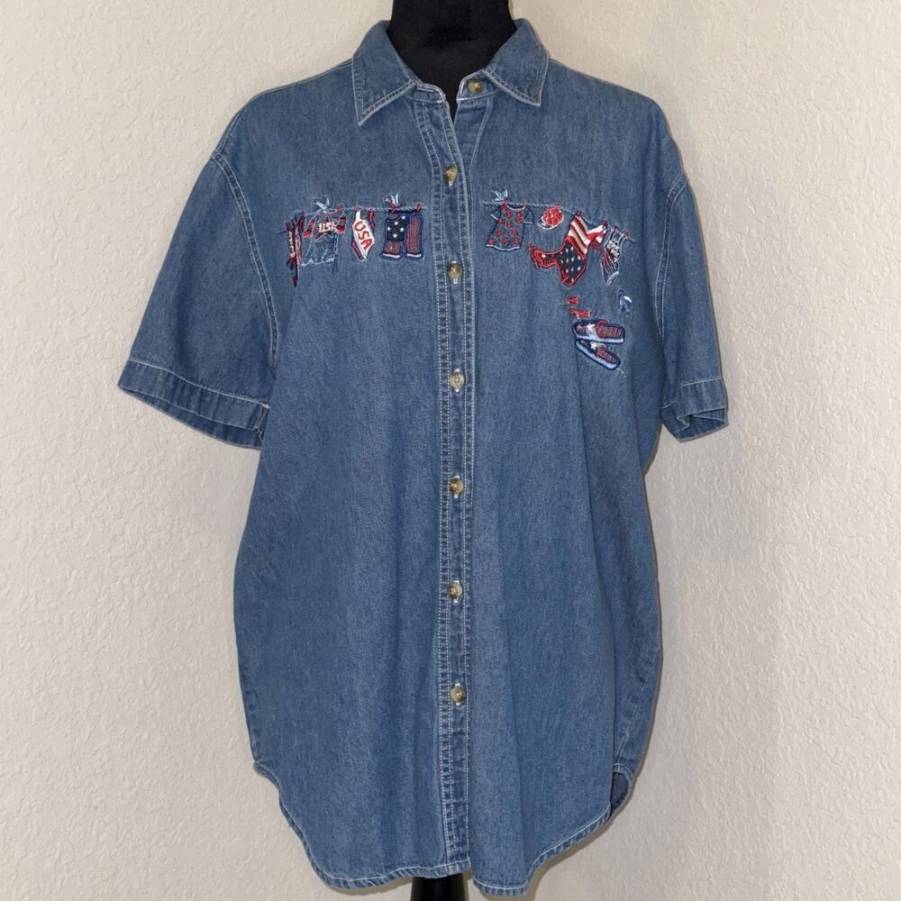 Vintage Cabin Creek Fourth July Holiday Denim Shirt Women‎ Large Blue Button Up